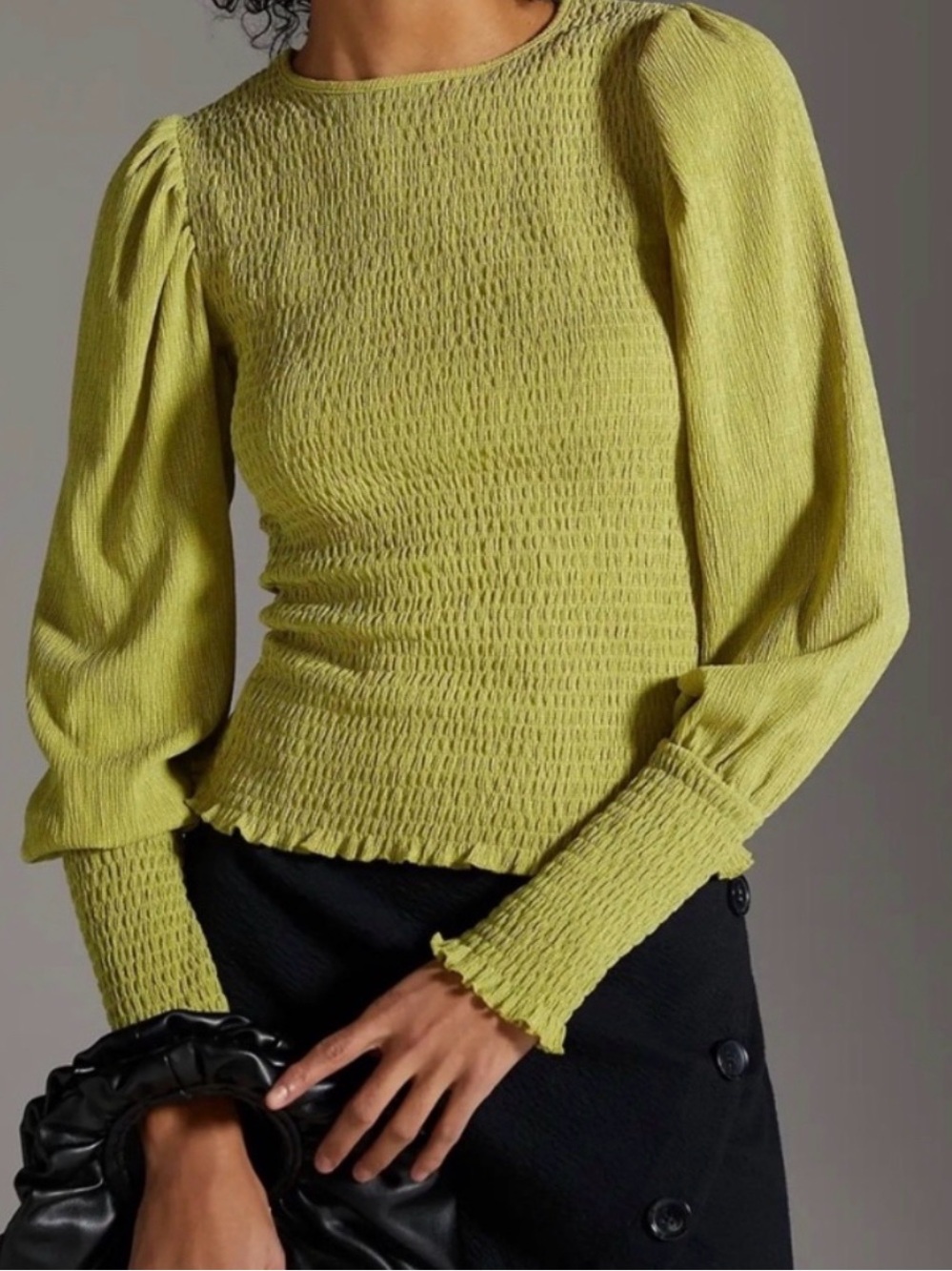 Anthropologie Smocked Fitted Long Puff/Balloon Sleeve Green Blouse size medium